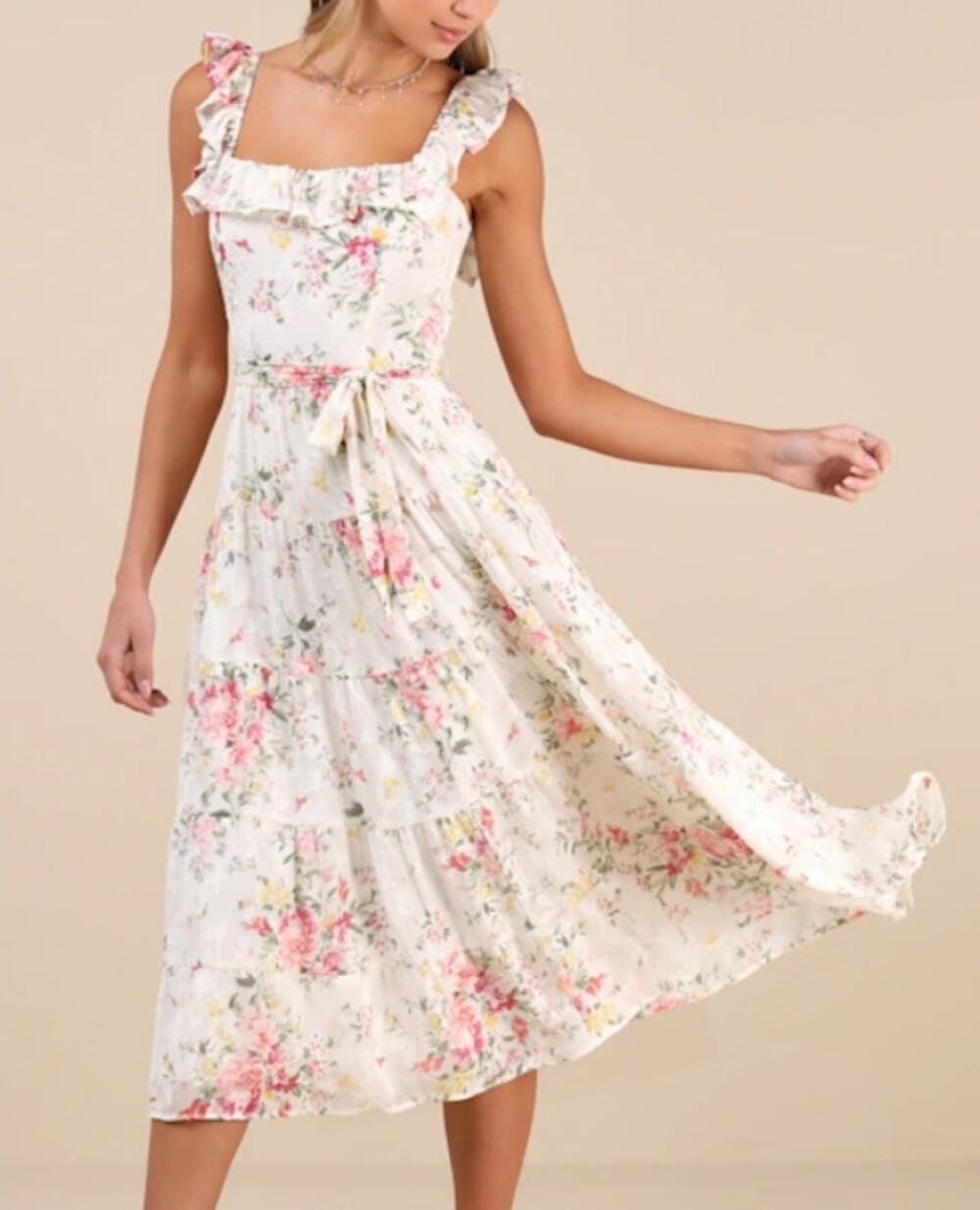 Lulus Shela Ivory Floral Jacquard Tiered Midi Dress in Ivory Floral